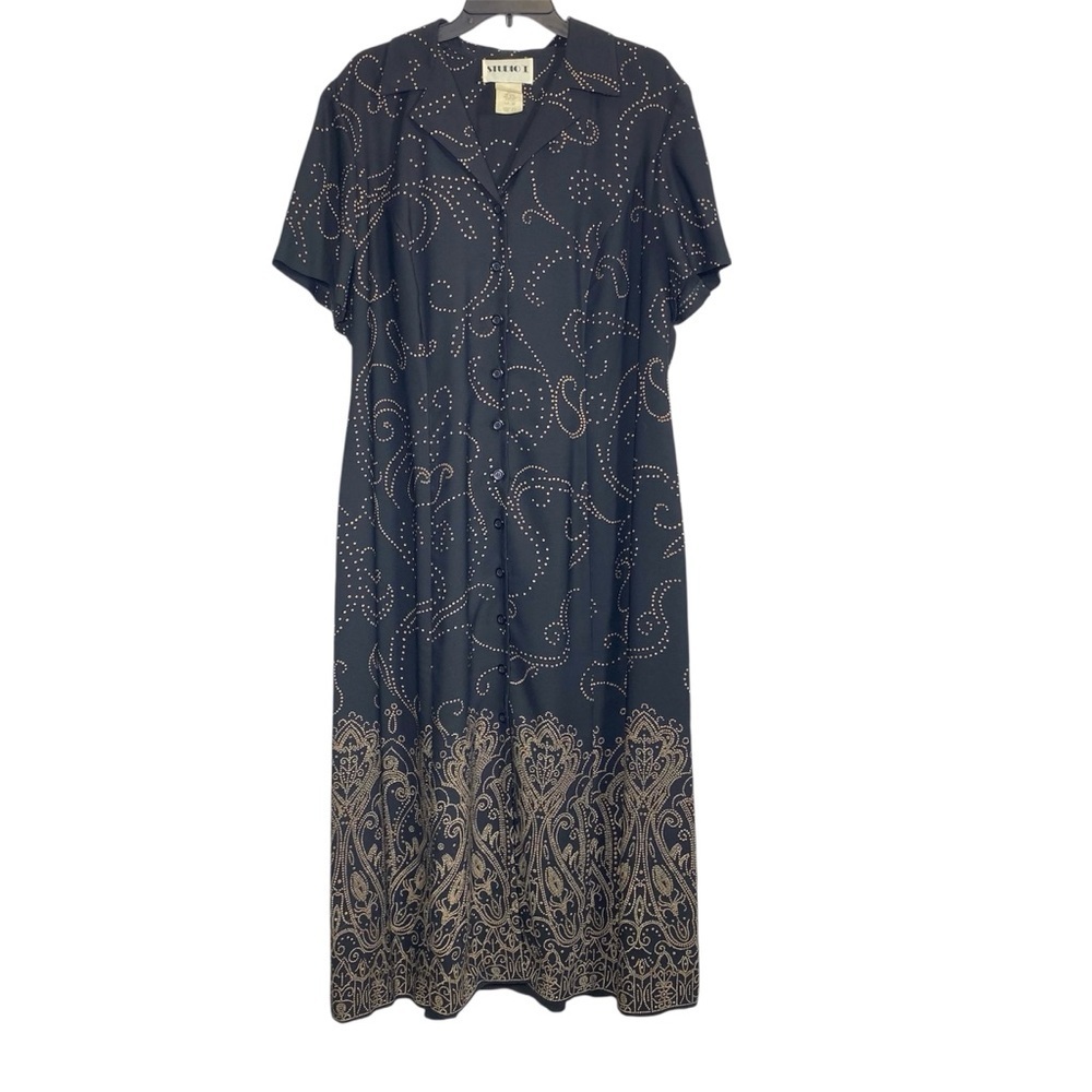 VTG Studio I Dress Women 20W Black Gold Paisley Maxi Full Button Front 90s Y2K